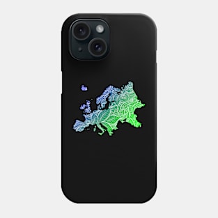 Colorful mandala art map of Europe with text in blue and green Phone Case