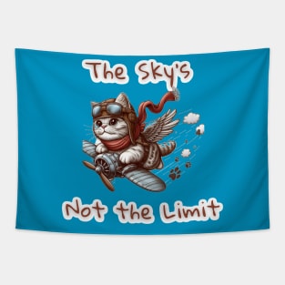 Sky Is Not The Limit - a gray cat flies wildly in the sky Tapestry