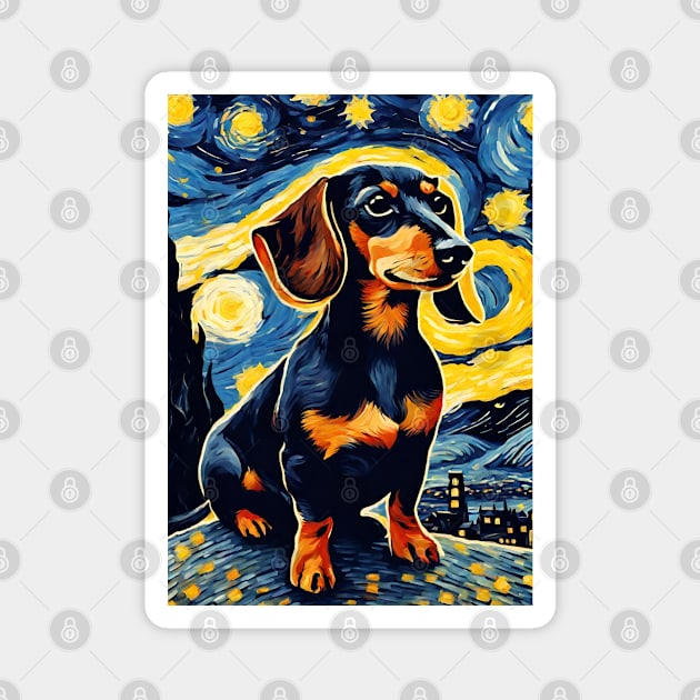 Cute Dachshund Dog Breed in a Van Gogh Starry Night Art Style Magnet by Art-Jiyuu