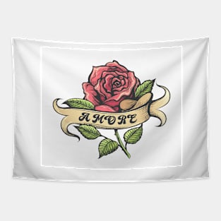 Red Rose and Banner with Lettering Amore Tapestry