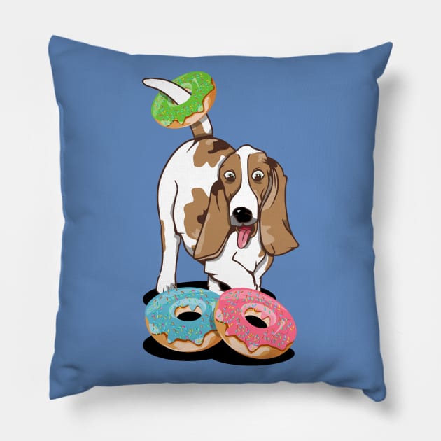 Basset hound eating doughnuts Pillow by mailboxdisco