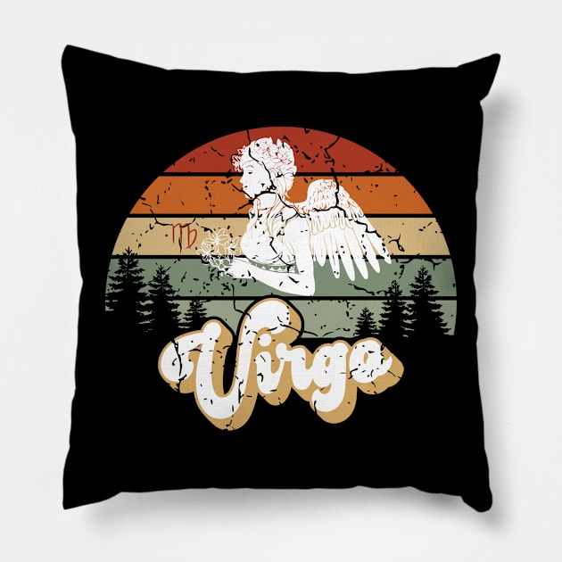 Virgo Zodiac Sign - Distressed Retro Sunset Pillow by NoNameBoy