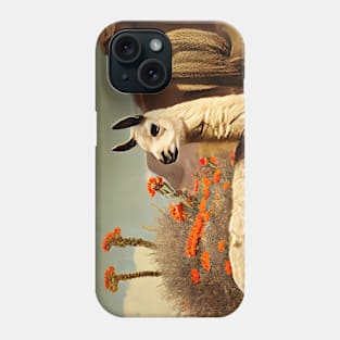 Vintage llama standing in the desert with flowers and cacti illustration Phone Case