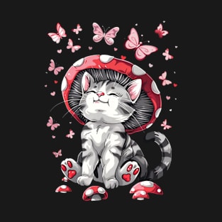 Mushroom Cat With Butterflies T-Shirt