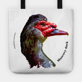 Muscovy duck head pin black text Tote