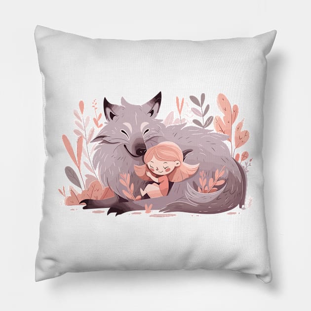 Cute Wolf Animal Loving Cuddle Embrace Children Kid Tenderness Pillow by Cubebox