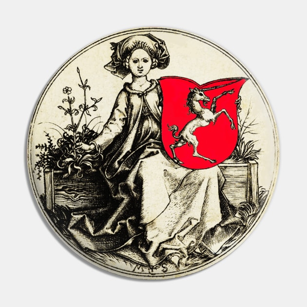 MEDIEVAL LADY HOLDING A SHIELD WITH RAMPANT UNICORN in Black White Red Pin by BulganLumini