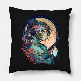 Psychedelic Cyberpunk Art Nouveau Japanese Female Ninja Samurai Pillow