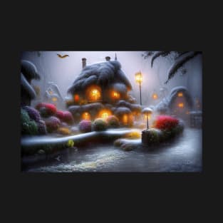 Magical Fantasy House with Lights in a Snowy Scene, Fantasy Cottagecore artwork T-Shirt