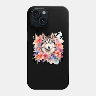 A siberian husky decorated with beautiful watercolor flowers Phone Case