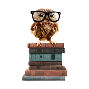 Adorable Nerdy Owl with Glasses on Books T-Shirt