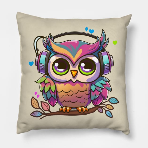 Colorful Musical Pinky Owl Perched on a Tree Pillow by Anicue