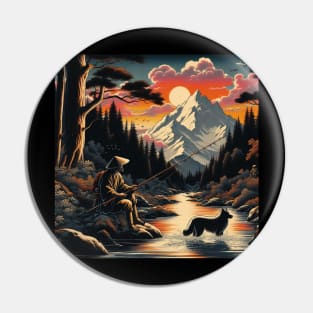 Man fishing with dog Pin