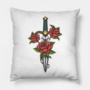 Dagger Knife and Rose Flowers Drawn in Tattoo Style Pillow