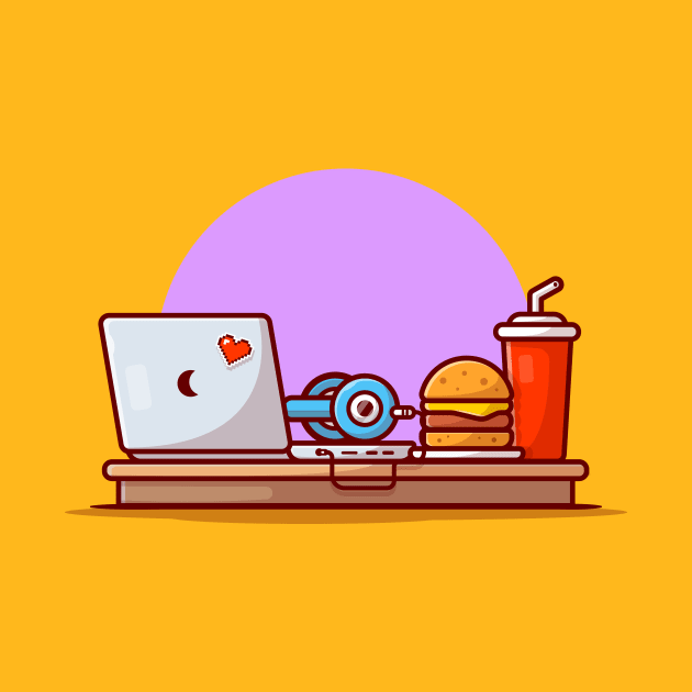 Laptop, Pizza And Headphones Cartoon Vector Icon Illustration by Catalyst Labs