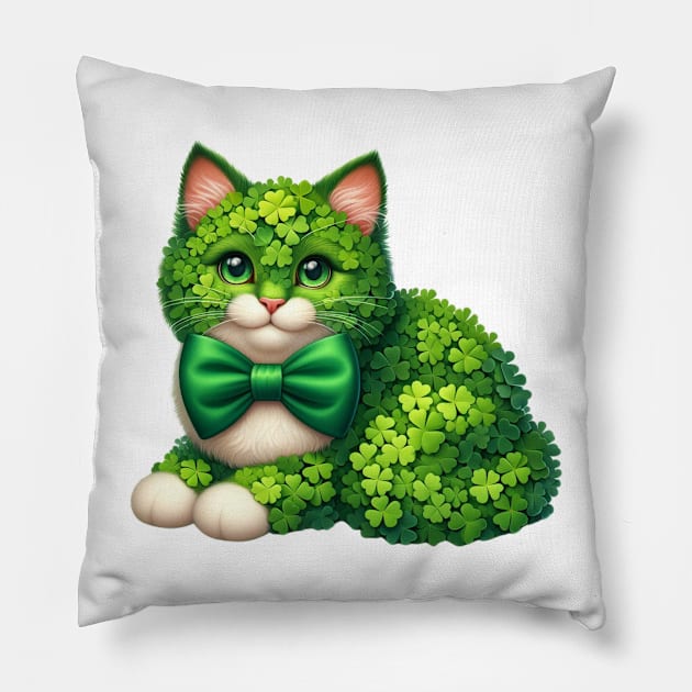 Clover Turkish Van Cat St Patricks Day Pillow by Chromatic Fusion Studio