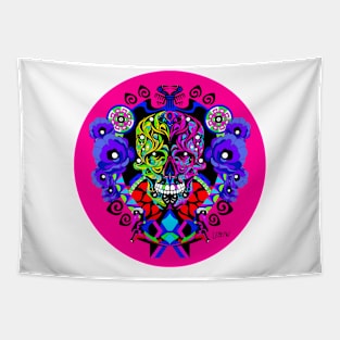 crimson skull in tree of life ecopop in zentangle totonac patterns design Tapestry