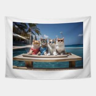 4 Cats Sunbathing Wearing Sun Glasses On a Wooden Deck Tapestry