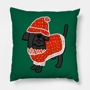 Cute Dog wearing a Red Winter Sweater and Red Hat Pillow