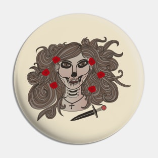 Hand Drawn La Catrina With Cross, Dagger And Roses (Dark) Pin