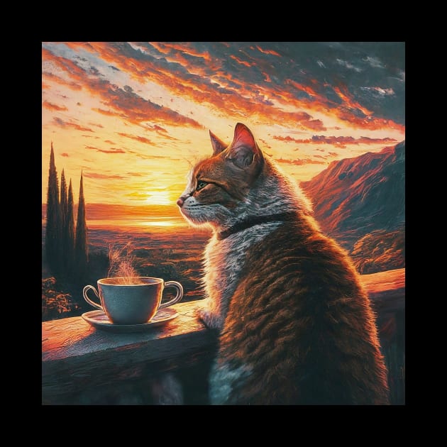 funny cat watching sunset with coffee, funny cats and coffee, cats lover by elhlaouistore