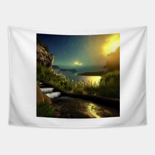 Realistic Dusk Fantasy of a Flowing Water Stairway Tapestry