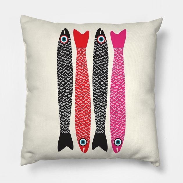 ANCHOVIES Bright Graphic Fun Groovy Fish in Black Red Pink - Vertical Layout - UnBlink Studio by Jackie Tahara Pillow by UnBlink Studio by Jackie Tahara