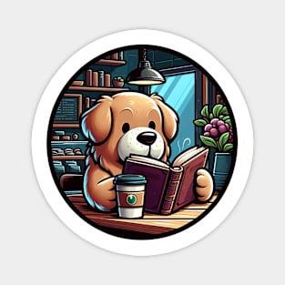 Dog reading a book in cafe with coffee Magnet