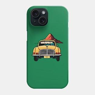 t-shirt design featuring a vintage car with a scenic landscape in the background, detailed illustration, and retro style. Phone Case