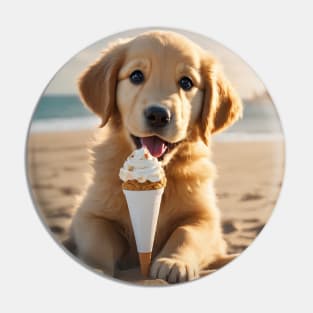 Cute Golden Retriever Puppy on a Beach With Ice Cream Pin