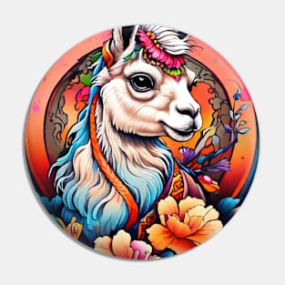 Llama in Floral Crown: A Serene Portrait Pin