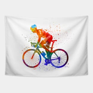 Woman triathlon  cycling in watercolor Tapestry