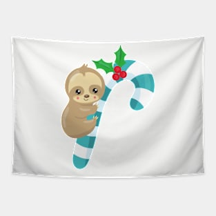 Christmas Sloth, Cute Sloth, Candy Cane, Mistletoe Tapestry