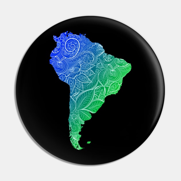 Colorful mandala art map of South America with text in blue and green Pin by Happy Citizen