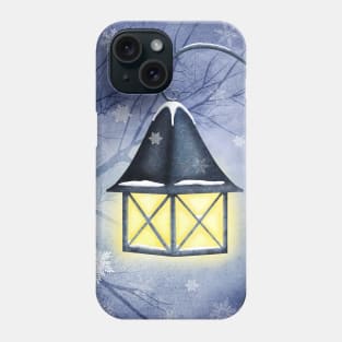 Magic vintage streetlight watercolor illustration. Snow night. Snowflakes, tree branches. Winter park scenery Phone Case