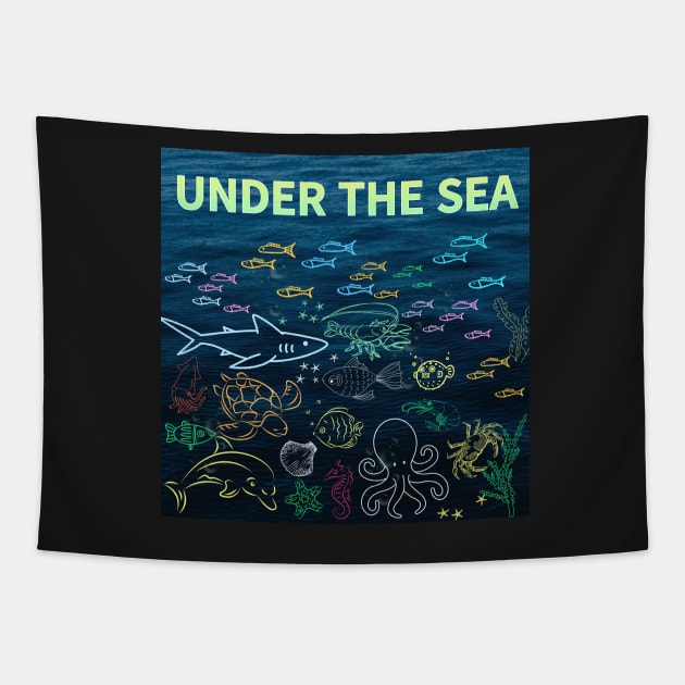 under the sea,blue sea,sea creatures,Turtle, puffer fish, starfish, shrimp, shark, tropical fish, sea horse, seaweed, sardines, squid, crabs, clams Tapestry by zzzozzo