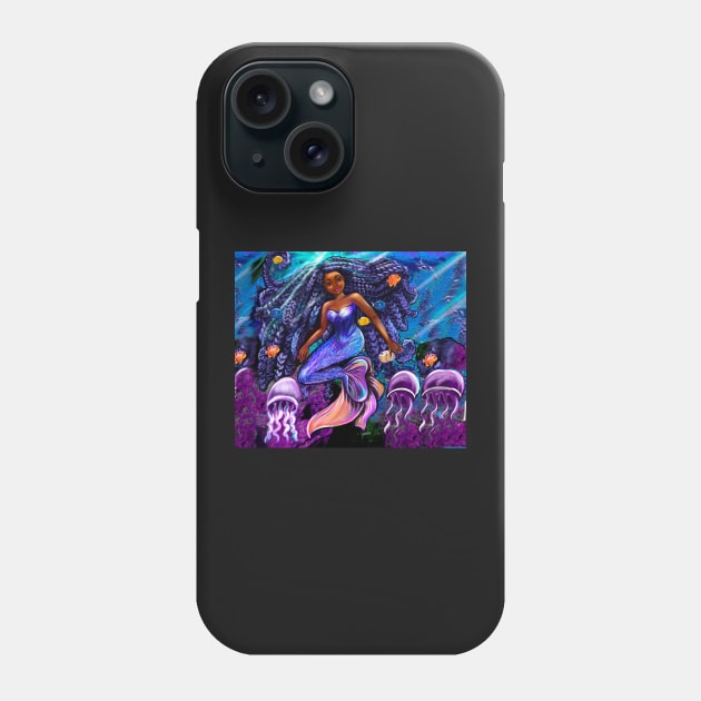 mermaid underwater with flowing shimmering blue black braids 2 fish and jelly fish  , brown eyes curly Afro hair and caramel brown skin Phone Case by Artonmytee