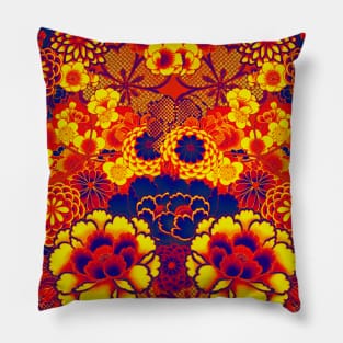 ANTIQUE JAPANESE FLOWERS BLUE RED ORANGE YELLOW Wild Roses Kimono Style Floral Pillow