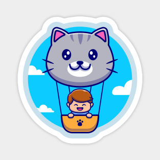 Cute Boy Flying With Cute Cat Air Balloon Cartoon Magnet