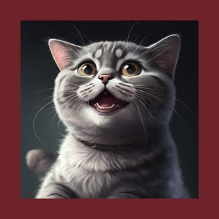 Realistic illustration of grey haired cat looking app with open mouth T-Shirt