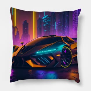 Dark Neon Sports Car in Japanese Neon City Pillow