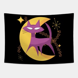 Atomic Cat in Moon Mid-Century Modern Halloween Scene Tapestry