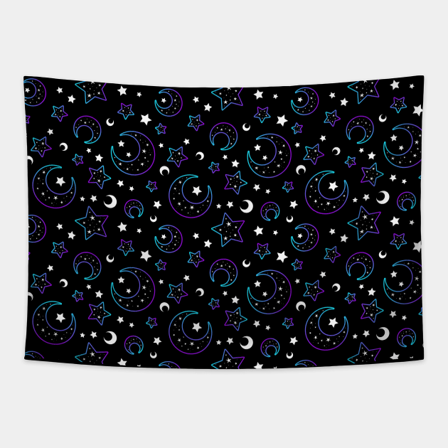 Mystical bright neon pattern with moon and stars Tapestry by Saya Raven