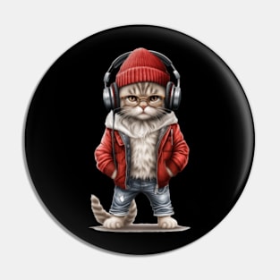 Vintage Funny Cute Cat, listening to hip-hop music wearing Santa hat Pin