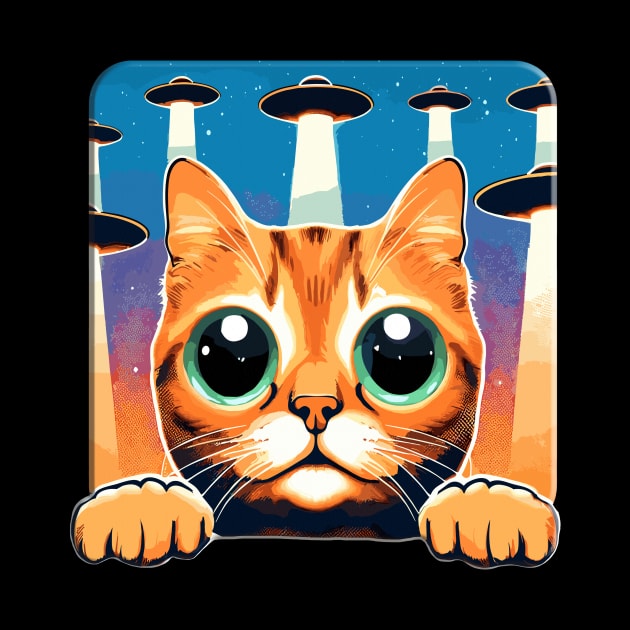 Big Eyed Funny Cat Selfie With UFOs Behind by KromADesign