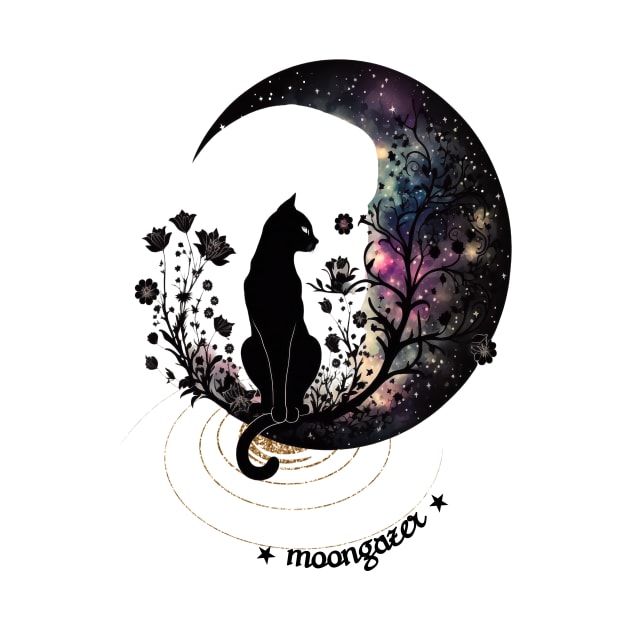 Celestial Black Cat Floral Moongazer Pretty Kitty Lover by Kimmicsts