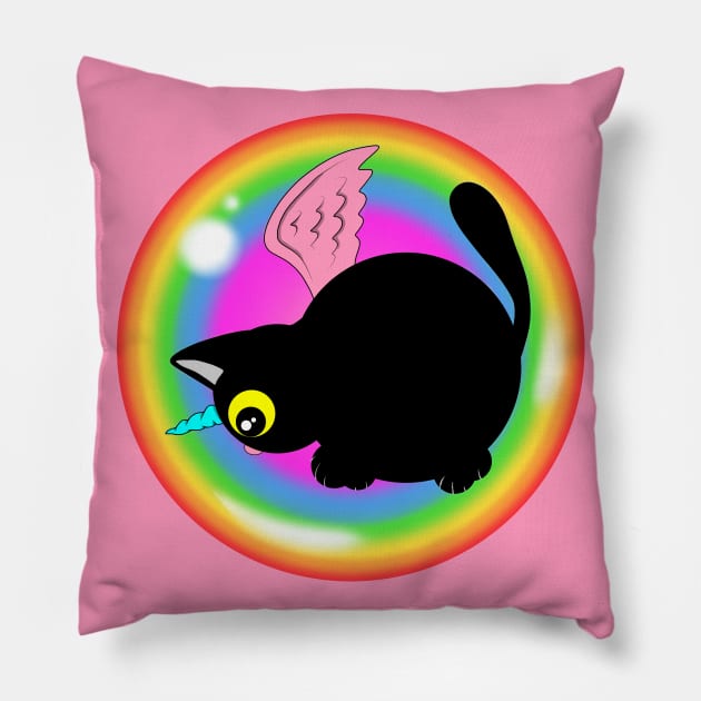Kitty in rainbow bubble Pillow by MelanieJeyakkumar