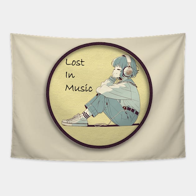 Melodic Solitude - Anime Girl Lost in Music Design Tapestry by Ceiko