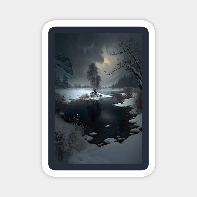 Landscape of winter lake in mountain valley - eerie nights Magnet by UmagineArts