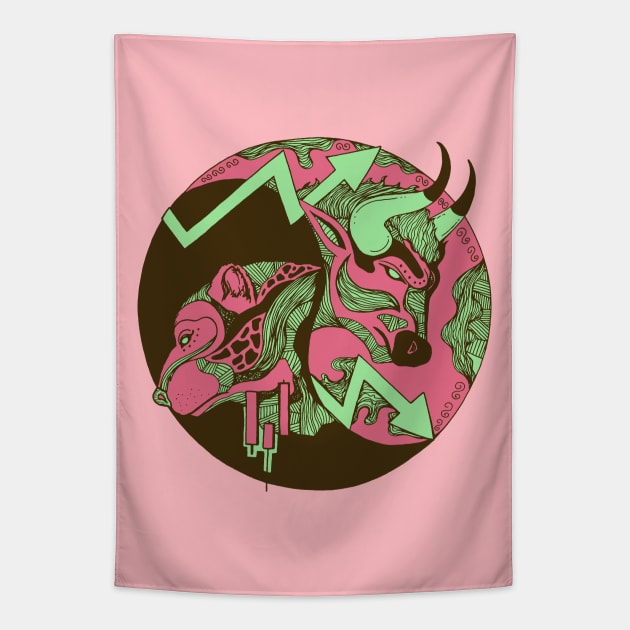 Pink Mint Bull and Bear Tapestry by kenallouis